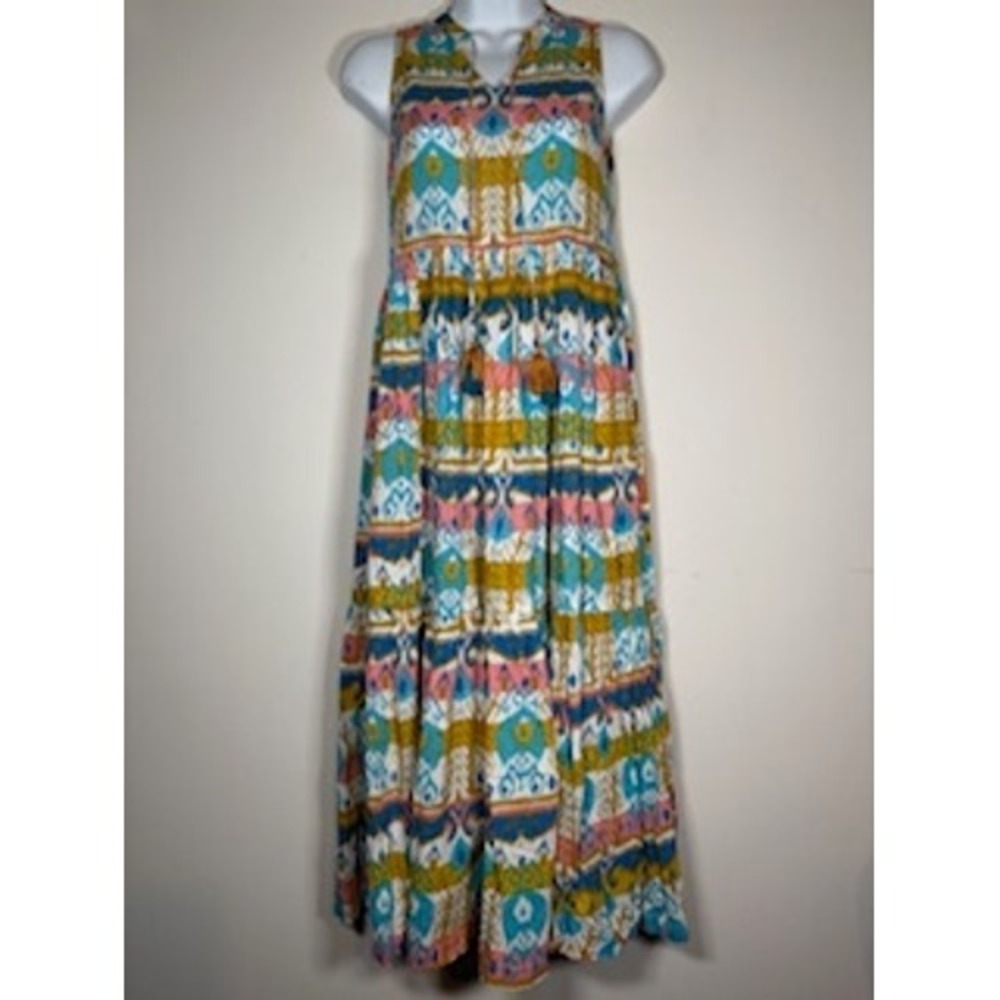 Sangria Maxi Dress S Multicolor Ikat Tiered Boho Tassel Cotton Summer Festival - Picture 1 of 8